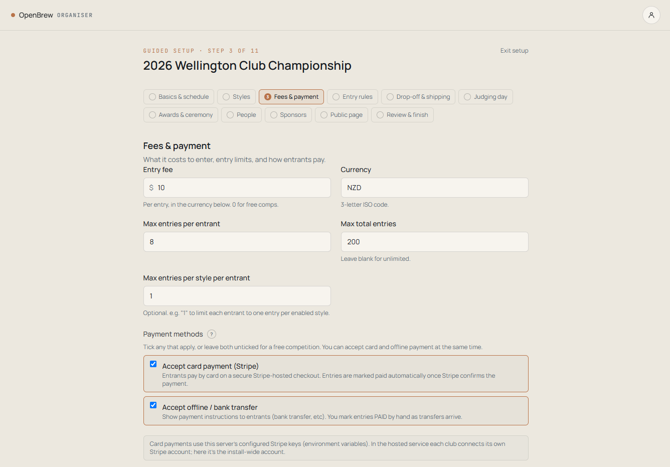 OpenBrew payments and refunds screen